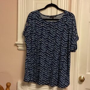 Adrienne Vittadini Navy Blue Patterned Short Sleeve Tunic